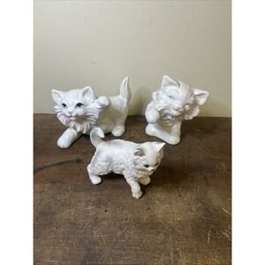 Lot Of 3 Vintage Persian White Long Haired Cat Figurines - Blue Eyes